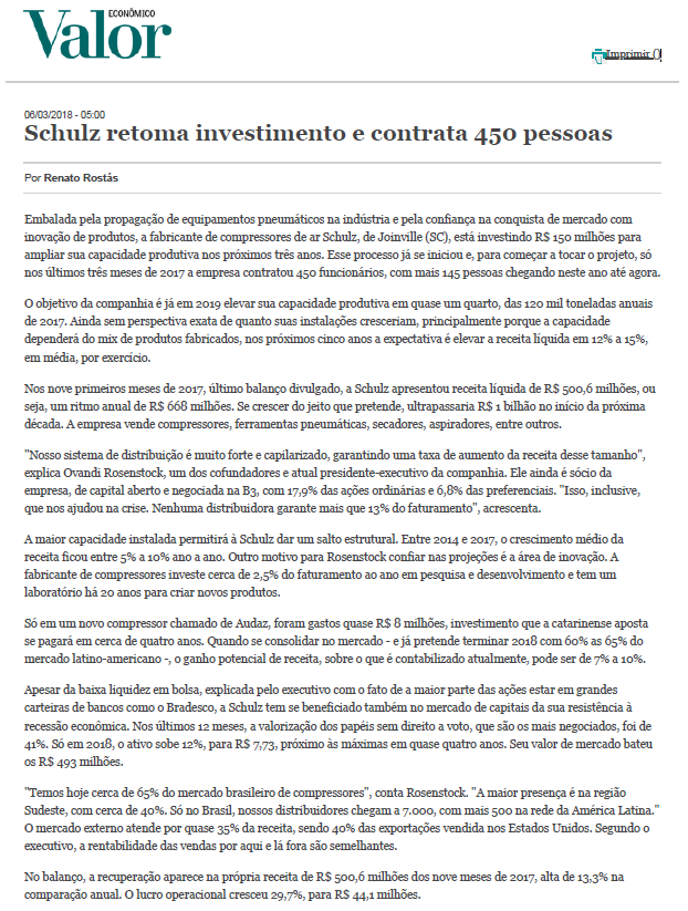 Valor Economico 06 03 18 Schulz Retoma Investimento E Contrata 450 Pessoas Schulz